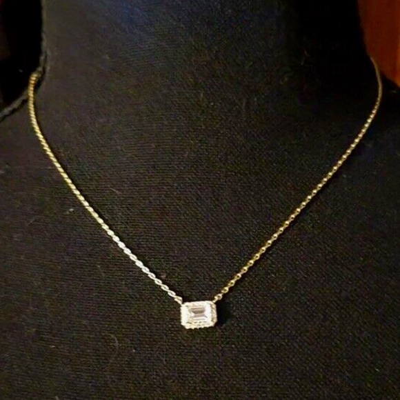Adina Eden Pave Outlined Baguette Solitaire Necklace Gold Plated Sterling NWT - Picture 3 of 6